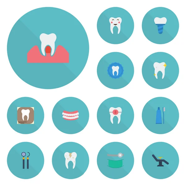 Iconos planos Estomatología, sello dental, gingivitis y otros elementos vectoriales. Set de iconos planos dentales Los símbolos también incluyen dientes, rayos X, objetos de prótesis dentales . — Archivo Imágenes Vectoriales