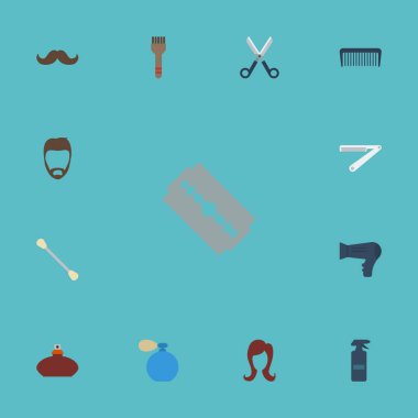 Düz simgeler tarak, saç kurutma, parfüm ve diğer vektör öğeleri. Kuaför düz simgeleri simgeleri Ayrıca parfüm, pamuk, keskin nesneleri içerir.