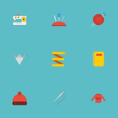 Düz simgeler Skein, iğnelik, defterini ve diğer vektör öğeleri. El yapımı düz simgeler simge kümesi de içerir kazak, toplu iğne, örgü nesneleri.