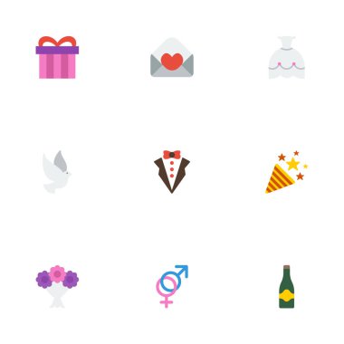 Düz simgeler Fizz, maytap, damat elbise ve diğer vektör öğeleri. Töreni düz simgeler simge kümesi de gelin, sürpriz, cüppe nesneleri içerir.