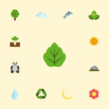 Düz simgeler çiçeği, ahşap, gece ve diğer vektör öğeleri. Yeşil düz simge simgeler kümesi de içerir güneşli, güç, dağlar nesneleri.