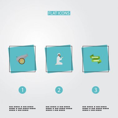 Düz simgeler adam, dua Topçu, Ramazan Kareem ve diğer öğeleri vektör. Tatil düz simgeleri simgeleri de içerir Ramazan, mühimmat, Kareem nesneleri kümesi.