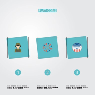 Düz simgeler fişek, askeri adam, ABD rozet ve diğer vektör öğeleri. Gün düz simgeleri simgeleri de asker, havai fişek, Memorial nesneleri içerir kümesi.