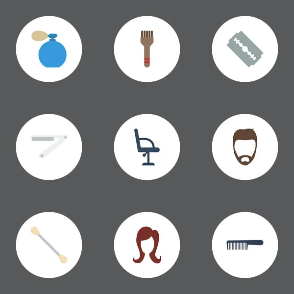 Lapos ikonok frizura, dezodor, könyök szék és egyéb vektoros elemek. A fodrászatban lapos ikonok szimbólumok is tartalmaz nő, frizura, szék objektumok. — Stock Vector