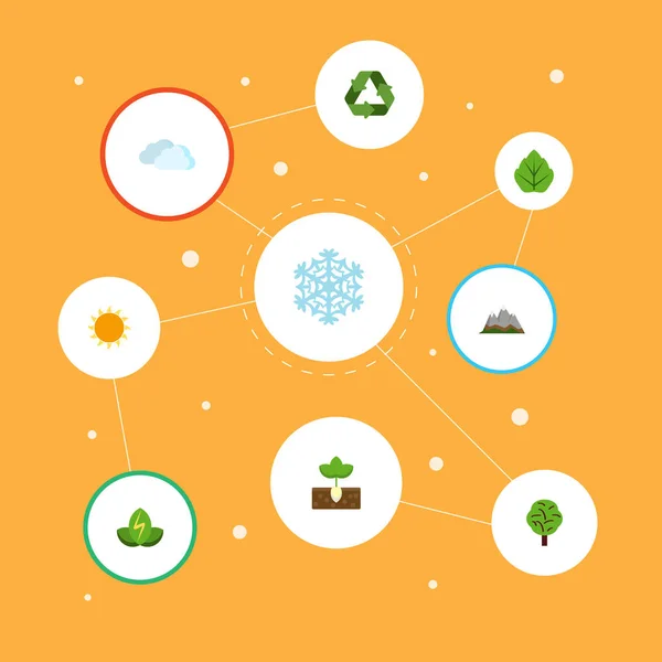 Iconos planos Sprout, Eco Energía, Follaje y otros elementos vectoriales. El sistema de símbolos planos de los iconos de la naturaleza también incluye paisaje, pico, objetos del brote . — Vector de stock