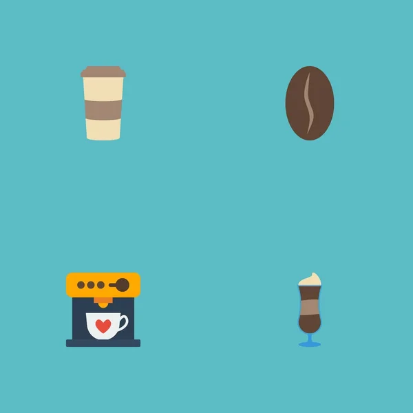 Flache Symbole Kaffeemaschine, Plastikbecher, Arabica-Bohne und andere Vektorelemente. Set von Getränken flache Symbole Symbole enthält auch Latte, gehen, zu Objekten. — Stockvektor