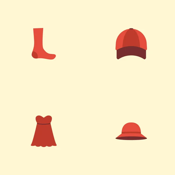 Plat pictogrammen Hat avondjurk, kousen en andere vectorelementen. Set van kledingstuk plat pictogrammen symbolen bevat ook 's avonds, Cap, kleding objecten. — Stockvector