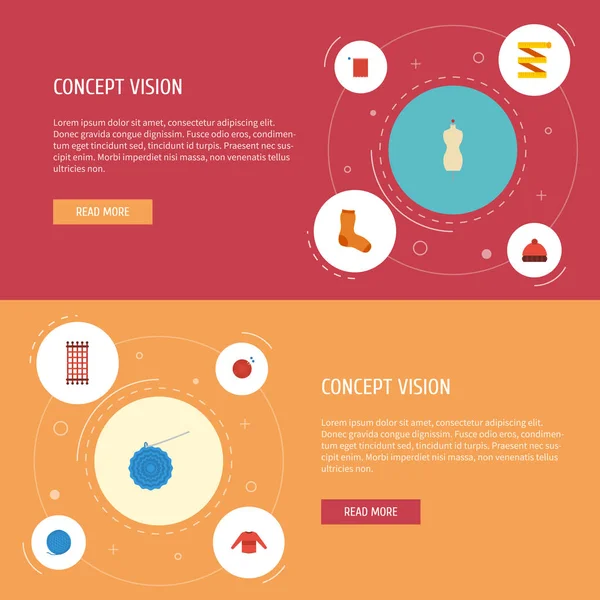 Düz simgeler metre, iğne işi, fasulye ve diğer vektör öğeleri. Nesneleri kümesi de düz simgeleri simgeleri içeren el sanatları, örgü şapka, örgü.