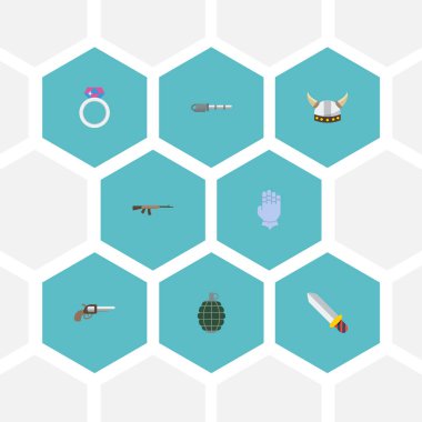 Düz simgeler ateşli silah, takı, dinamit ve diğer vektör öğeleri. Oyun düz simgeleri simgeleri de bıçak, silah, mitralyöz nesneleri içerir.