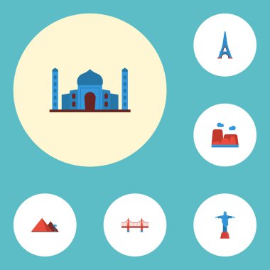 Düz simgeler Paris, Hindistan Camii, büyük piramit ve diğer vektör öğeleri. Ünlü düz simgeler simge kümesi de Piramit, kuraklık, Paris nesneleri içerir.