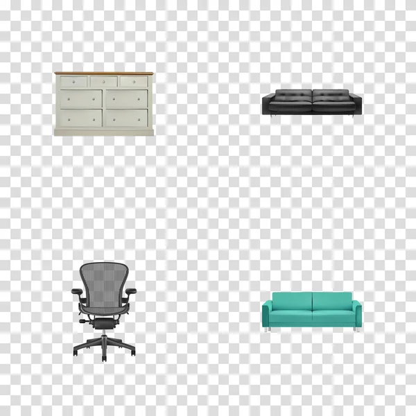 Reális szekrény, Divan, kanapé és más vektorgrafikus elemek. Dekoráció reális szimbólumok is tartalmaz Lounge, szekrény, bútor tárgyak. — Stock Vector