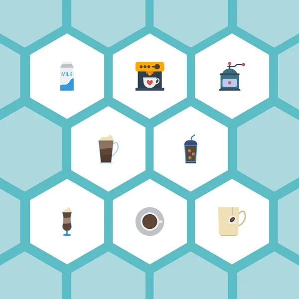 Ícones planos Coffeemaker, Latte, caixa de papel e outros elementos vetoriais. Conjunto de símbolos de ícones planos de bebidas também inclui dispensador, copo, objetos de panela . —  Vetores de Stock