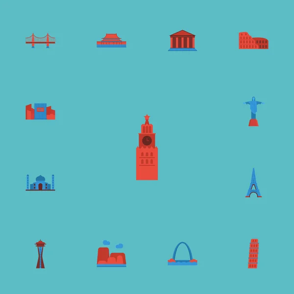 Flat Icons Bridge, Arquitetura, Rio e outros elementos vetoriais. Conjunto de símbolos de ícones planos de monumento também inclui Pisa, Taj, objetos de Moscou . —  Vetores de Stock