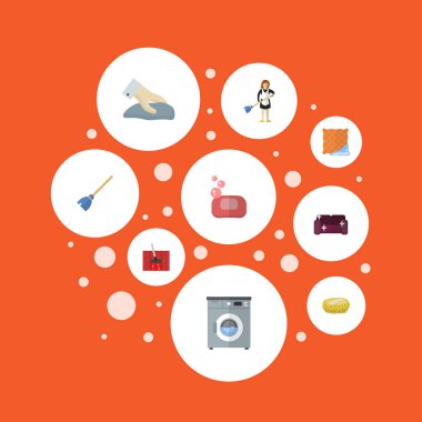 Düz simgeler Besom, sünger, kanepe ve diğer vektör öğeleri. Dizi düz simgeleri simgeleri de içeren temizlik hijyen, sabun, çamaşırhanede nesneleri.