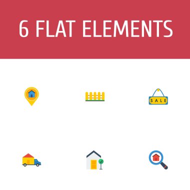 Düz simgeler Pin, kamyon, satılan ve diğer vektör öğeleri. Özellik düz simgeler simge kümesi de içerir Satılık, ev, konum nesneleri.