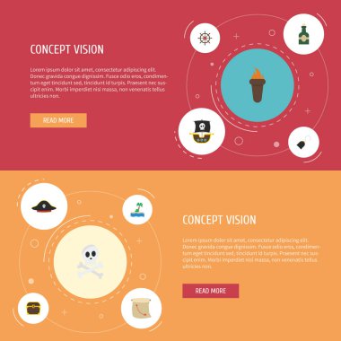 Düz simgeler Palm, kafatası, şişe ve diğer vektör öğeleri. Korsanlık düz simgeler simge kümesi de korsan, deniz manzarası, gemi nesneleri içerir.