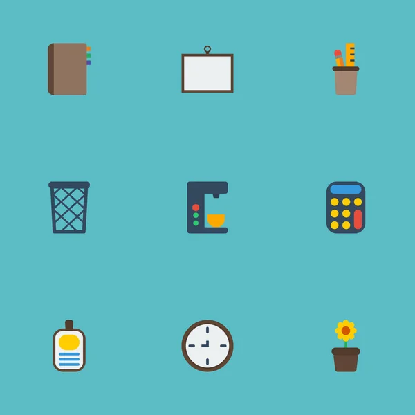Flat Icons Contact, Watch, Whiteboard And Other Vector Elements. Set Of Workspace Flat Icons Symbols Also Includes Wastebasket, Calculate, Houseplant Objects. — Stock Vector