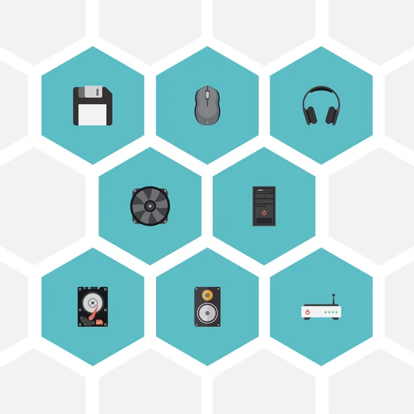 Плоский іконки комп'ютерної миші, дискету, навушники і інших елементів векторного. Набір бемоль Pc іконки символи також включає в себе гучномовця, система, миші об'єктів. — стоковий вектор