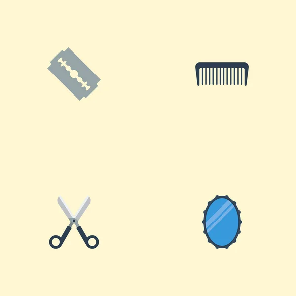 Peigne d'icônes plates, rasoir, miroir et autres éléments vectoriels. Ensemble de symboles d'icônes plates de coiffeur comprend également la lame, le réflecteur, les objets pointus . — Image vectorielle