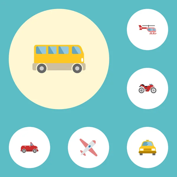 Icone piatte Aerei, Cab, Chopper e altri elementi vettoriali. Set di icone piatte veicolo simboli comprende anche cabina, moto, oggetti Omnibus . — Vettoriale Stock
