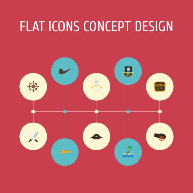 Düz simgeler teleskop, armatür, korsan şapkasını ve diğer vektör öğeleri. Korsanlık düz simgeler simge kümesi de içerir Topçu, ağır, enstrüman nesneleri.