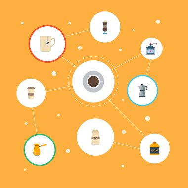 Düz simgeler Mocha, Kahve değirmeni, Moka Pot ve diğer vektör öğeleri. İçki düz simgeler simge kümesi de kapsül, paket, Kupası nesneleri içerir.