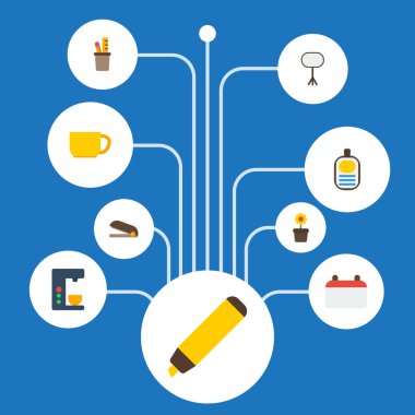 Düz simgeler bitki Pot, kimlik, tarihi ve diğer vektör öğeleri. Office düz simgeler simge kümesi de çay, kalem, saksı nesneleri içerir.