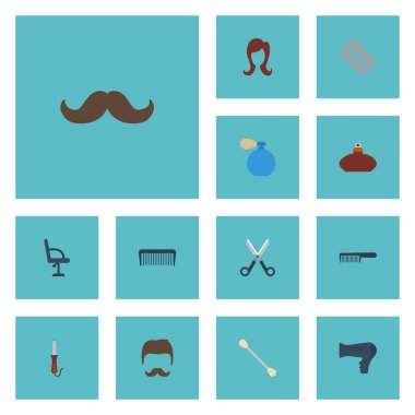 Düz simgeler bıyık, pamuk tomurcukları, erkek ve diğer vektör öğeleri. Berber düz simgeler simge kümesi de Kuaför, pamuklu çubuk, darbe nesneleri içerir.