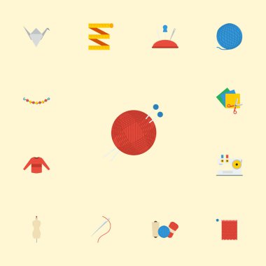 Düz simgeler metre, makas, iğne yastığı ve diğer vektör öğeleri. El sanatları düz simgeler simge kümesi de ölçme, tığ işi, mücevher nesneleri içerir.