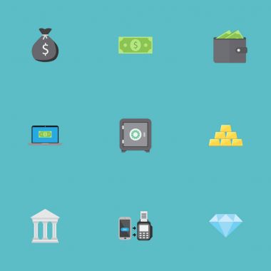 Düz simgeler cüzdanınızdan, finans çuval, bilgisayar ve diğer vektör öğeleri. Düz simgeleri simgeleri bankacılık da içerir külçe, para, nesnelerini oluşturma.