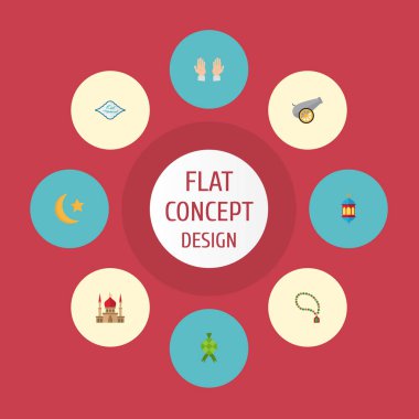 Düz simgeler boncuk, yeni ay, topçu ve diğer vektör öğeleri. Düz simgeleri simgeleri de Islam, Hat sanatı hocası, mübarek nesneleri içerir tatil seti.