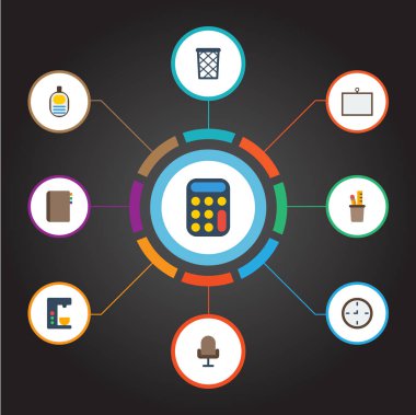 Düz simgeler izle, kimlik, Espresso makinesi ve diğer vektör öğeleri. Office düz simgeleri simgeleri kümesini de içeren çöp sepeti, kahve, kitap nesneleri.