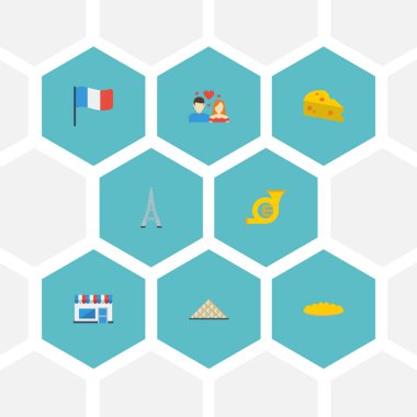 Düz simgeler Restoran, bayrak, kaşar peyniri ve diğer vektör öğeleri. Fransa düz simgeler simge kümesi de içerir Müzesi, ülke, Eiffel nesneleri.