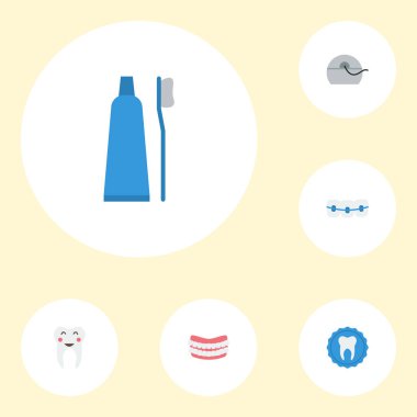 Yapay diş, ağız kokusu, diş fırçası ve diğer vektör öğeleri düz simgeler. Diş düz simgeler simge kümesi de diş, diş fırçası, mühür nesneleri içerir.
