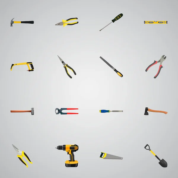 Realistyczne Carpenter, topór, kleszcze i inne elementy Vector. Zestaw narzędzi realistyczne symboli zawiera także elektryczny, szczypce, pazur obiektów. — Wektor stockowy