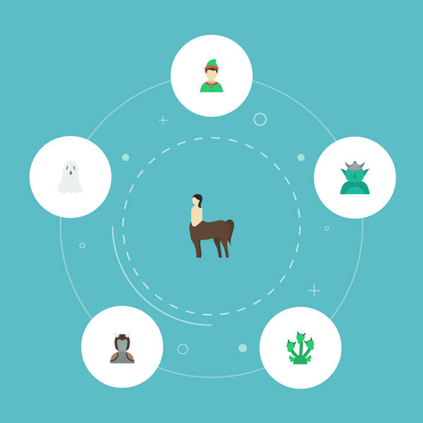 Flat Icons Elf, Mythology, Avatar And Other Vector Elements. Set Of Fantasy Flat Icons Symbols Also Includes Orc, Ogre, Character Objects.