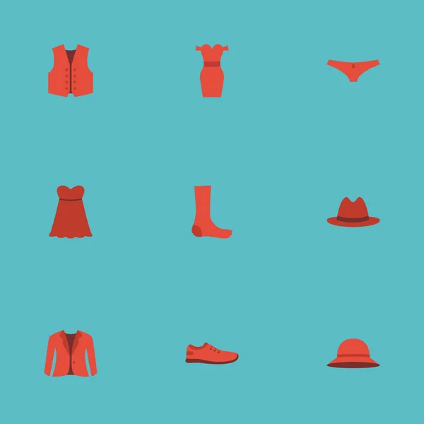 Lapos ikonok fehérnemű, kabát, kalocsni és egyéb vektoros elemek. A ruhanemű lapos ikonok szimbólumok is tartalmaz zokni, kabát, ruha objektumok. — Stock Vector