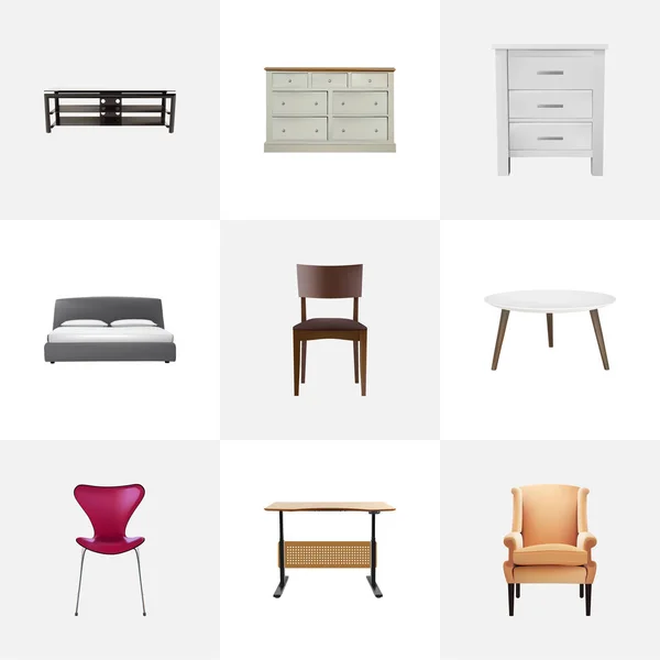 Reális szekrény, komód, bútorok és egyéb vektoros elemek. Dekoráció reális szimbólumok is tartalmaz kettős, szék, fotel objektumok. — Stock Vector