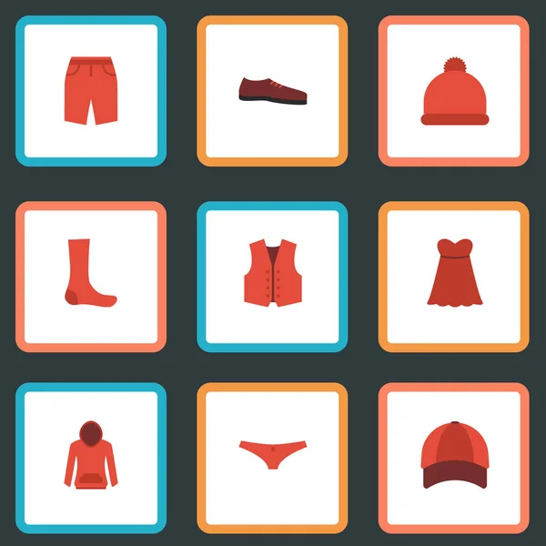 Plat pictogrammen gilet, hoed, zwemmen romp en andere vectorelementen. Set van kleren plat pictogrammen symbolen bevat ook Shorts, slips, Lingerie objecten. — Stockvector