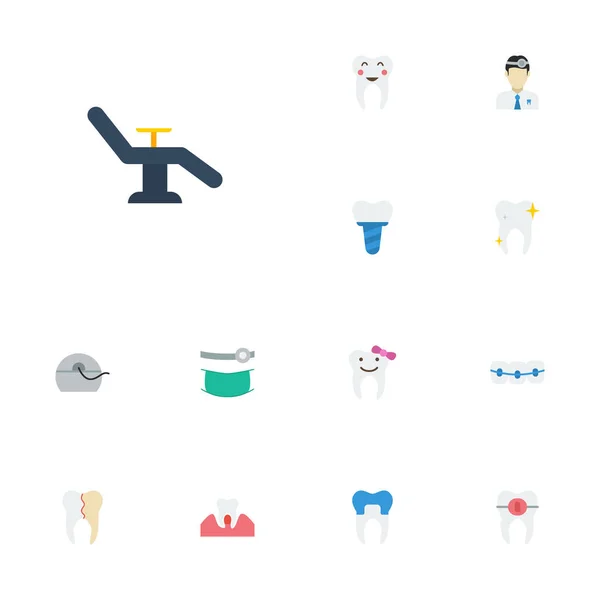 Móveis de ícones planos, ortodontista, halitose e outros elementos vetoriais. Conjunto de símbolos de ícones lisos de dentes também inclui dente, implante, objetos ortodônticos . —  Vetores de Stock