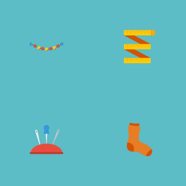 Düz simgeler iğne yastığı, metre, örme çorap ve diğer vektör öğeleri. El yapımı düz simgeler simge kümesi de takı, iğnelik, çorap nesneleri içerir.