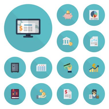 Düz simgeler kasa, pasta Bar, muhasebe sistemi ve diğer vektör öğeleri. Muhasebe düz simgeler simge kümesi de kar, muhasebe, güvenli nesneleri içerir.