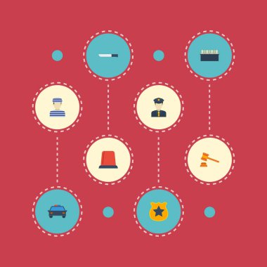 Düz simgeler yargıç Tokmak, jüri, polis ve diğer vektör öğeleri. Suç düz simgeler simge kümesi de sinyal, polis, memur nesneleri içerir.