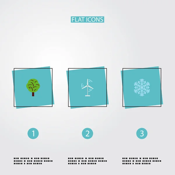 Icônes plates Bois, Moulin électrique, neige d'hiver et autres éléments vectoriels. Ensemble de symboles d'icônes plates d'environnement comprend également la puissance, la neige, les objets en bois . — Image vectorielle