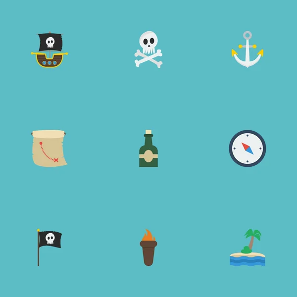 Lapos ikonok hajó, láng, koponya és egyéb vektoros elemek. Corsair lapos ikonok szimbólumok is tartalmaz kincs, zászló, armatúra objektumok. — Stock Vector