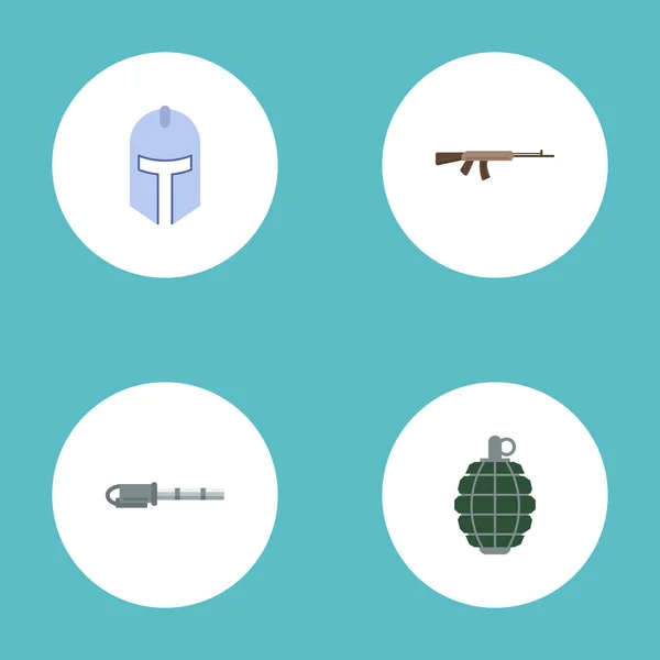 フラット アイコン ダイナマイト、戦士、銃器と他のベクトルの要素。ゲーム フラット アイコン シンボルのセットには、ガトリング、ヘルメット、銃器のオブジェクトも含まれています. — ストックベクタ