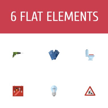 Düz simgeler tuvalet, ampul, elektrikli tornavida ve diğer vektör öğeleri. Sanayi düz simgeler simge kümesi de eldiven, iş, tuvalet nesneleri içerir.