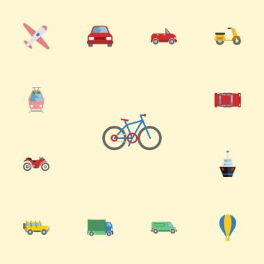 Düz simgeler taşıma, Jeep, Bisiklet ve diğer vektör öğeleri. Araç düz simgeler simge kümesi de bisiklet, tramvaya, kamyon nesneleri içerir.