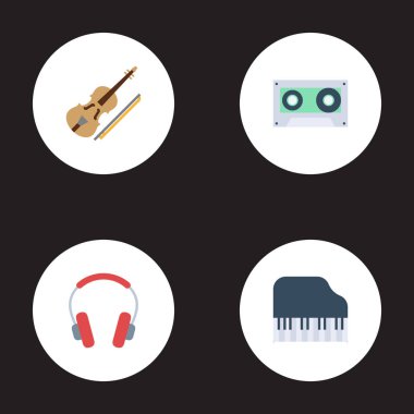 Düz simgeler kulaklık, Octave klavye, keman ve diğer vektör öğeleri. Melodi düz simgeler simge kümesi de kulaklık, anahtarlar, teyp nesneleri içerir.