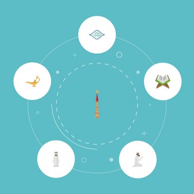 Düz simgeler adam, dua cin, Camii ve diğer öğeleri vektör. Düz simgeleri simgeleri de içerir dua, tatil bayram, Namaz nesneleri kümesi.